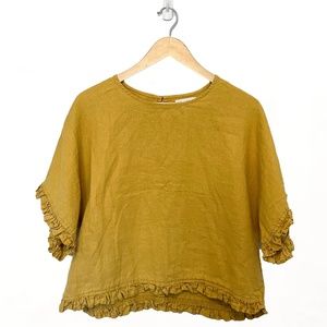 Cynthia Rowley Linen Lagenlook Mustard Yellow Ruffle Oversize Cropped Blouse - S